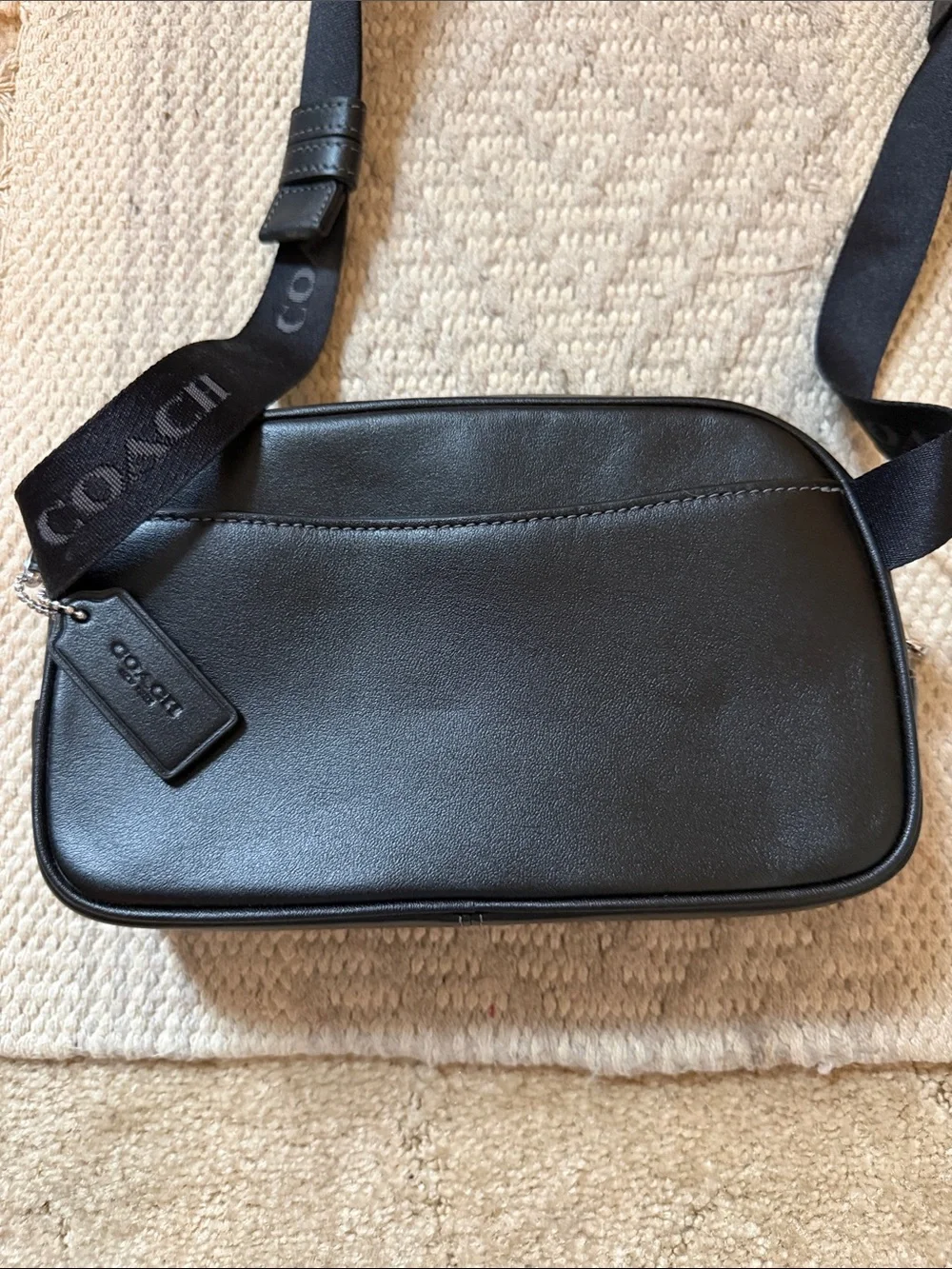 Coach Black Leather Logo Belt Bag with Silver Hardware